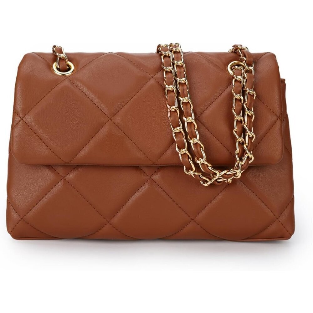 🆕 Women Brown Trendy Quilted Crossbody Purse Small Chain Clutch Shoulder Bags